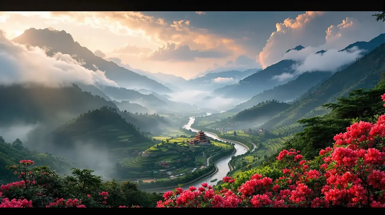 巴蜀山水与盛开的杜鹃花